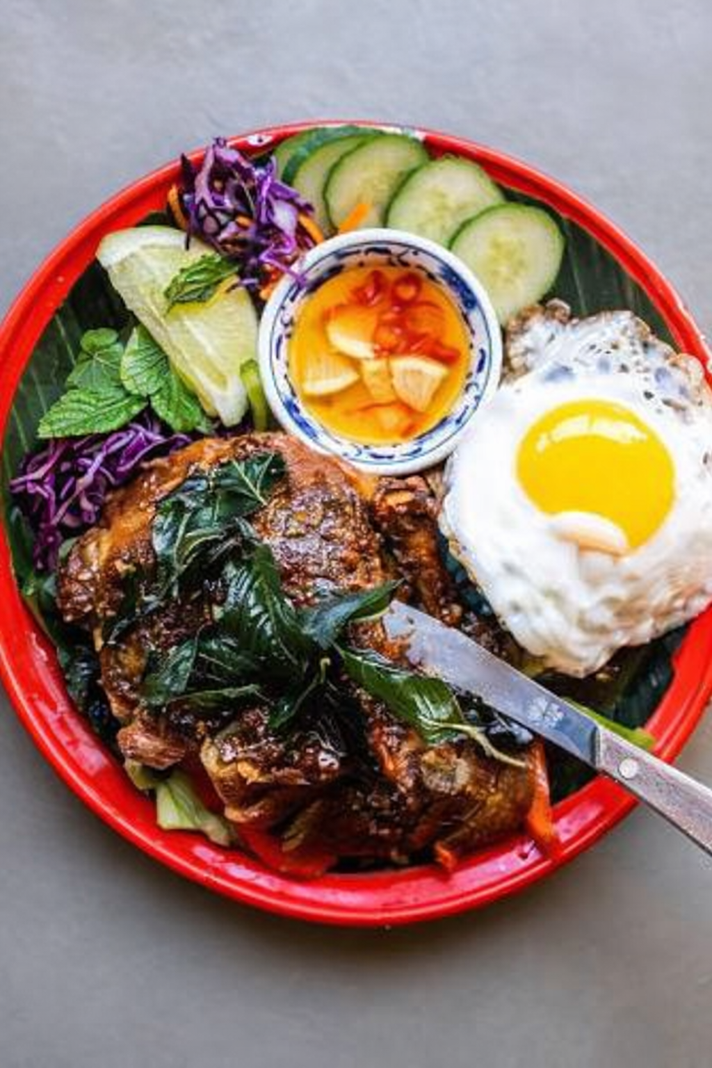 Crispy Half Duck Basil with Thai Basil Sauce.
