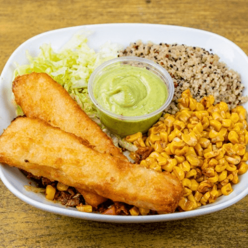 Breaded Fish Quinoa Bowl.