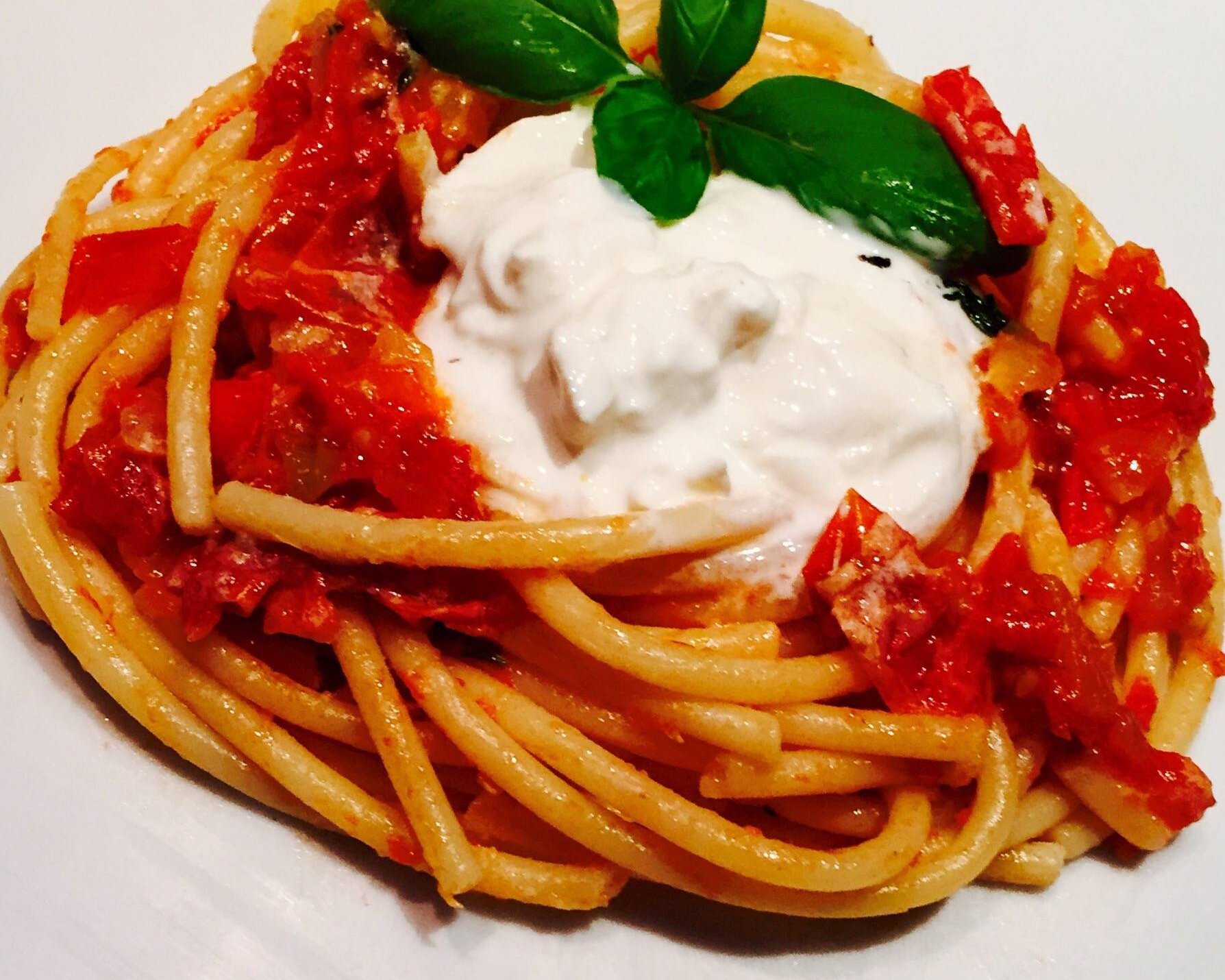 Spaghetti Burrata and Tomato sauce.