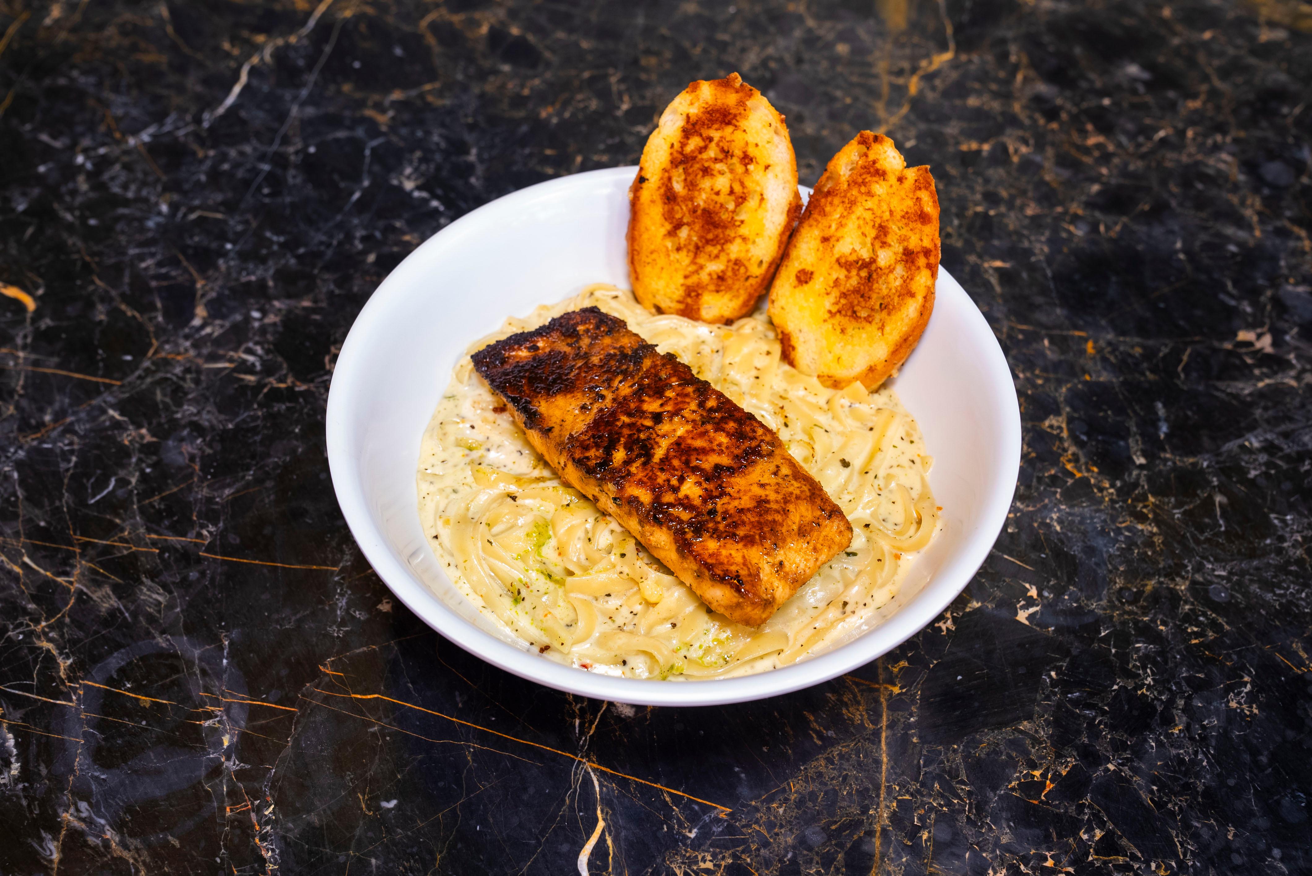 Salmon Fettuccine Alfredo.