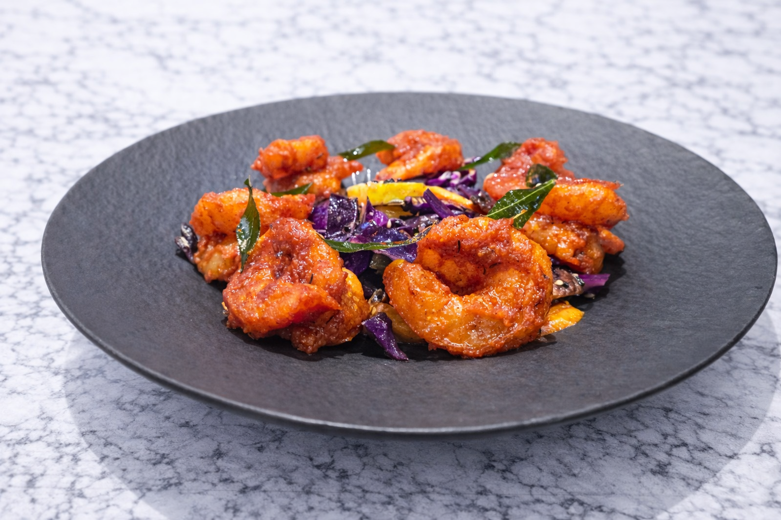 Black Cumin-Tomato-Honey Glazed Prawns "Bhoona".
