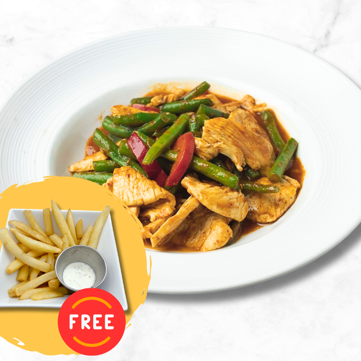 Pad Prik King - Thai Red Curry Stir-Fry (with FREE French Fries).