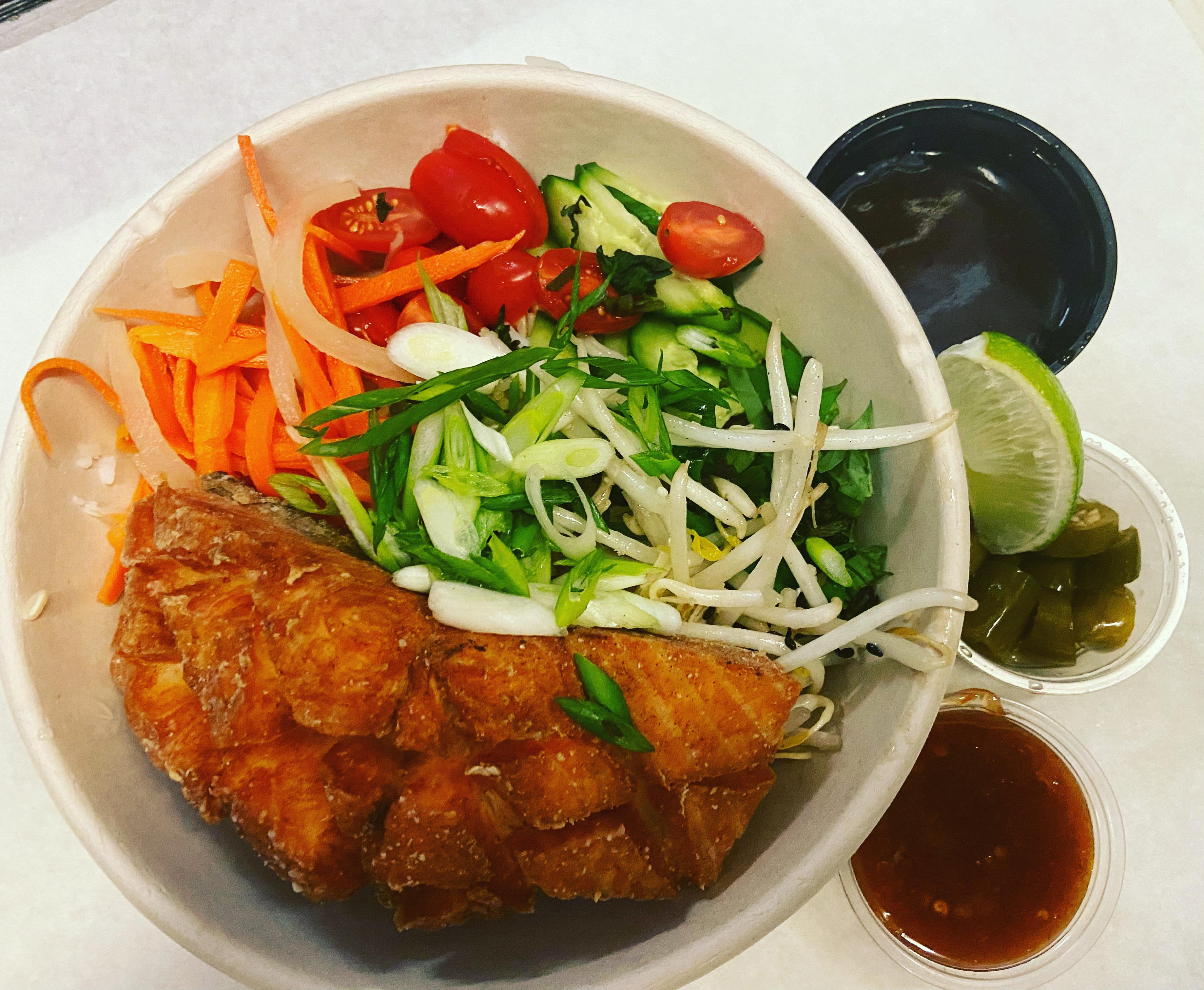 Crispy Salmon Rice Bowl: Serrano & caramel.