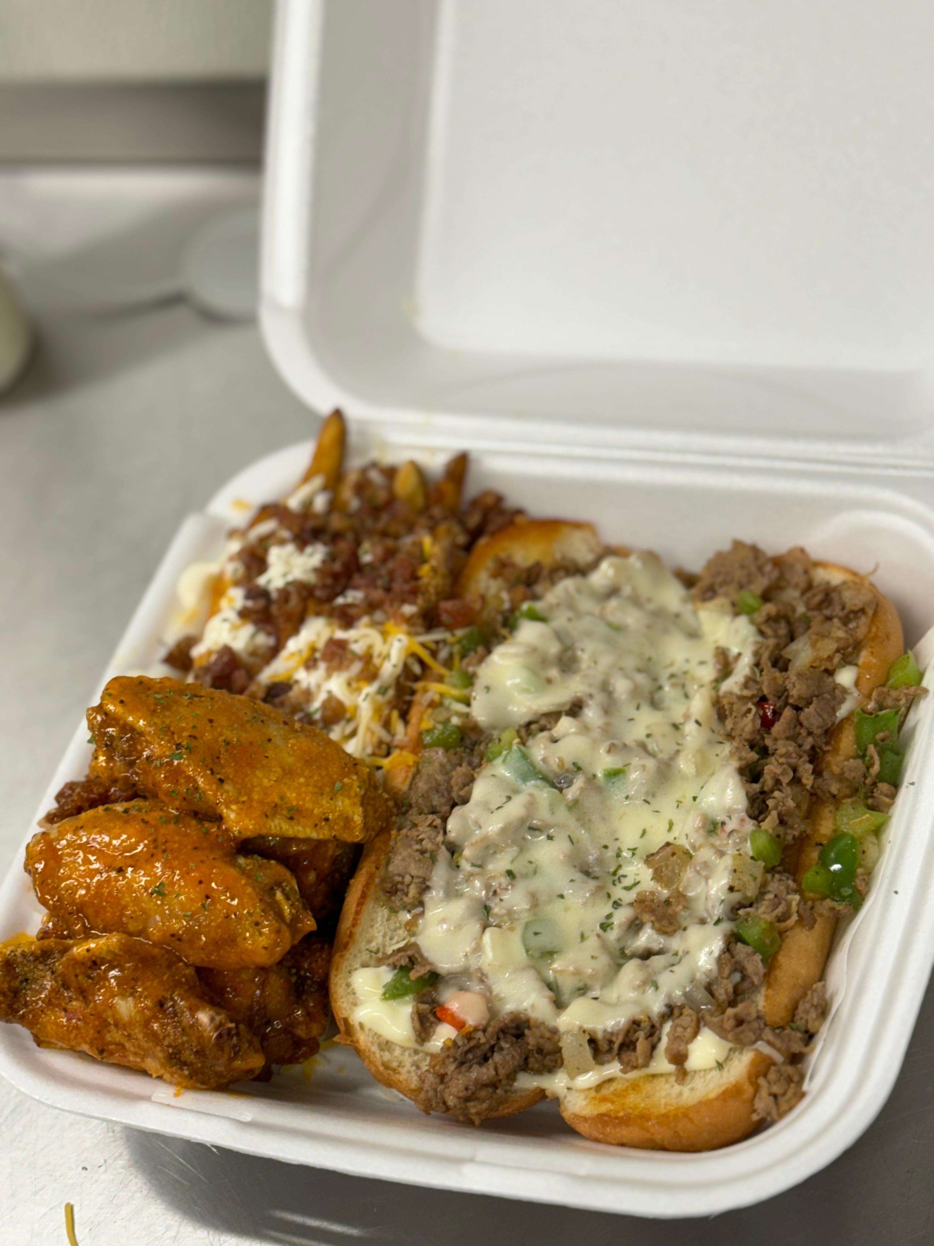 Steak Philly, 6 Wing Combo & Fries.