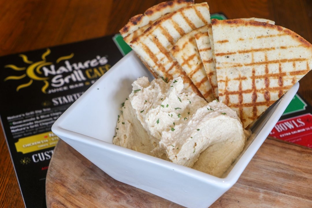 Homemade Hummus with Toasted Whole Wheat Pita.
