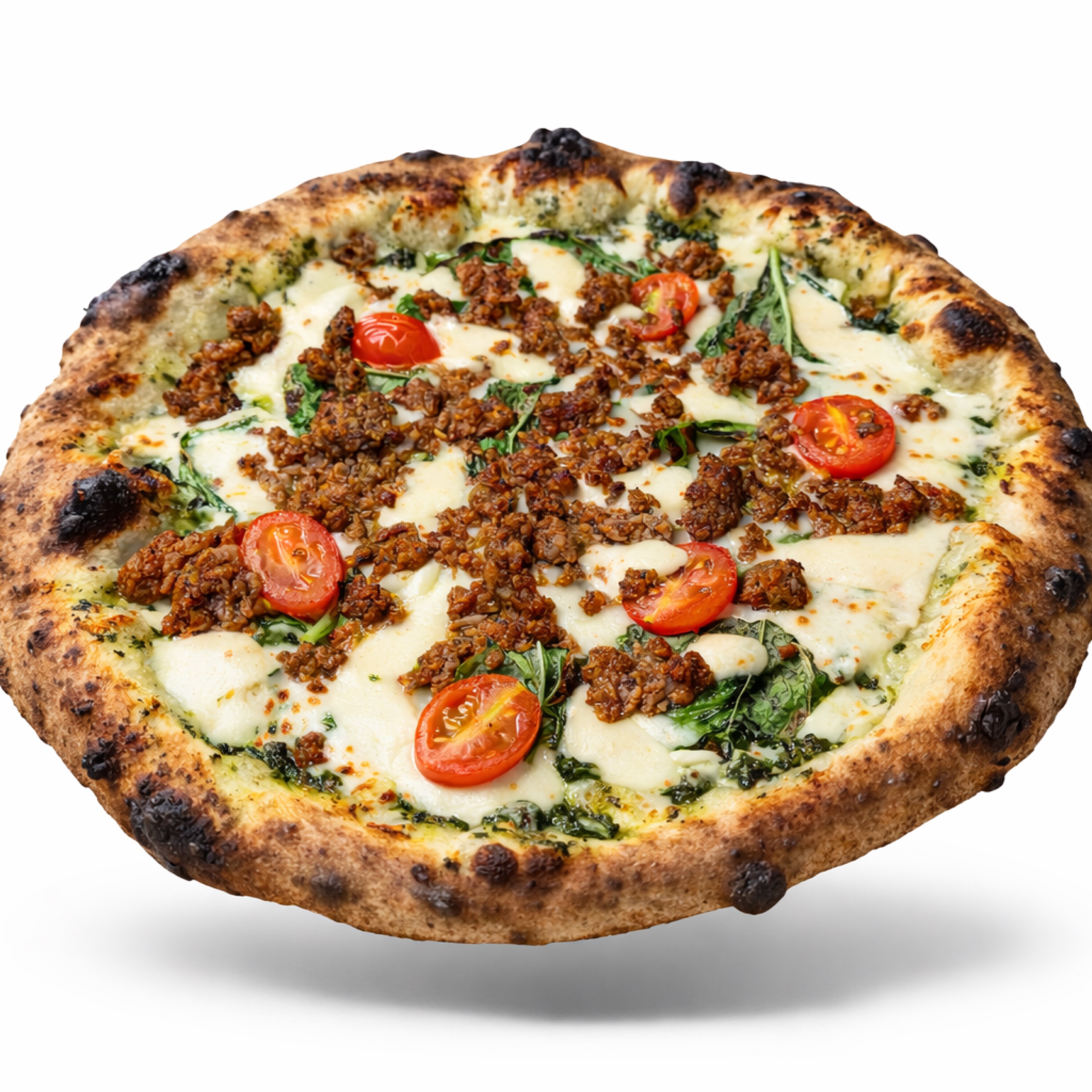 Signature Pesto Meatball Pizza.