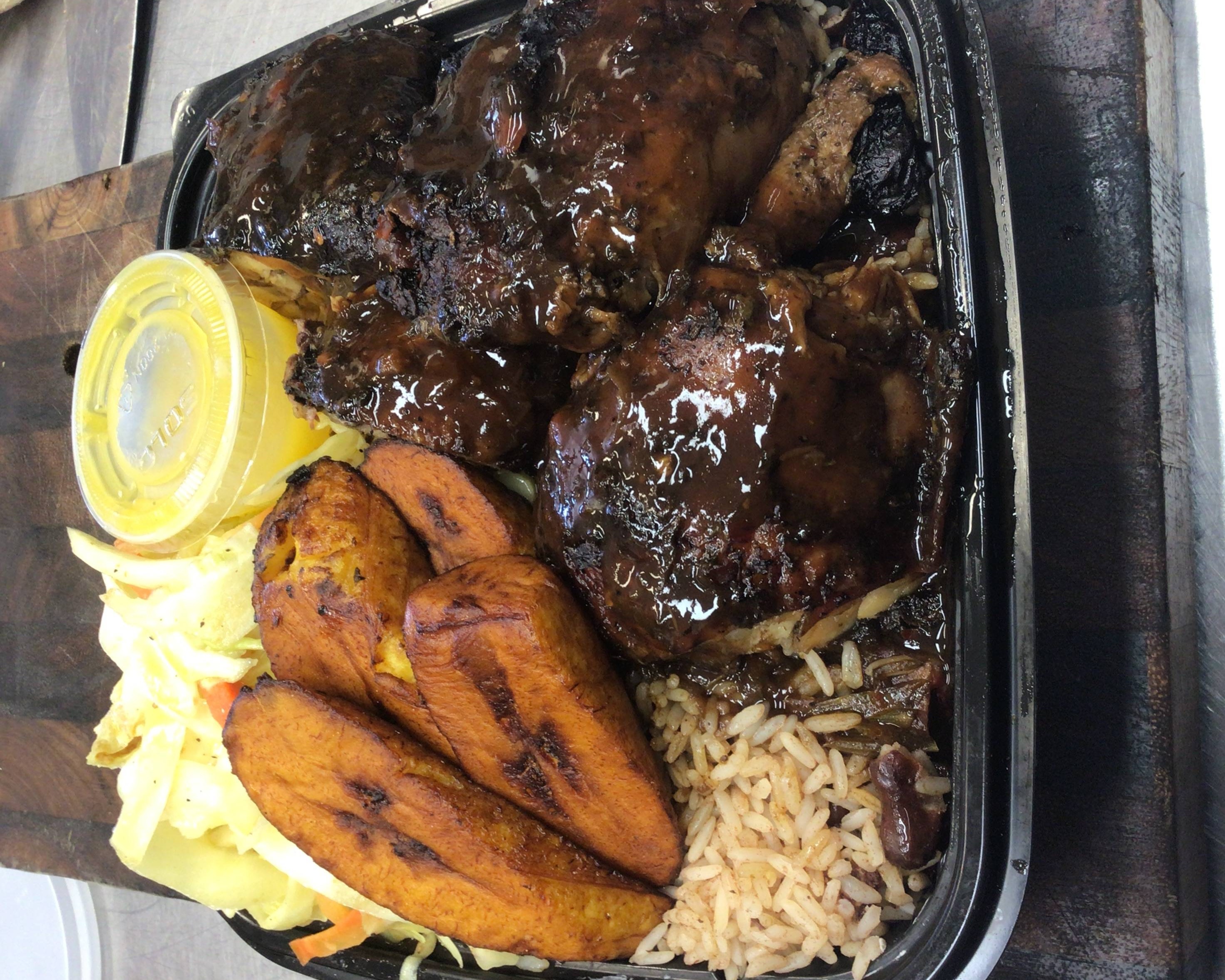 Fire Pit Jerk Chicken Combo.