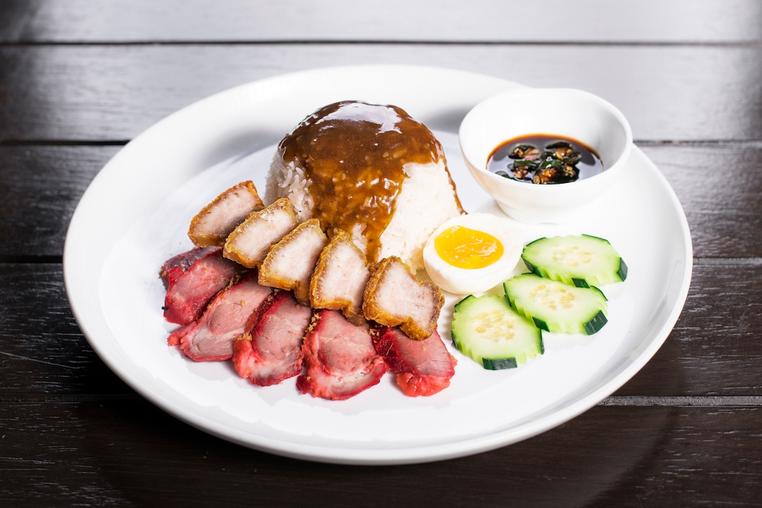 BBQ Pork & Crispy Pork Belly over Rice.