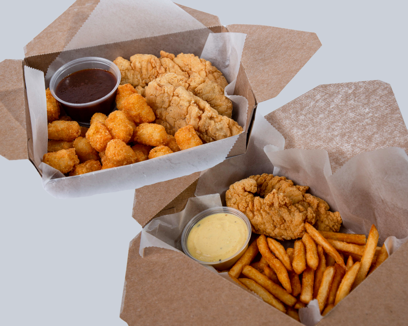 Chicken Strips & Tots or Curly Fries.