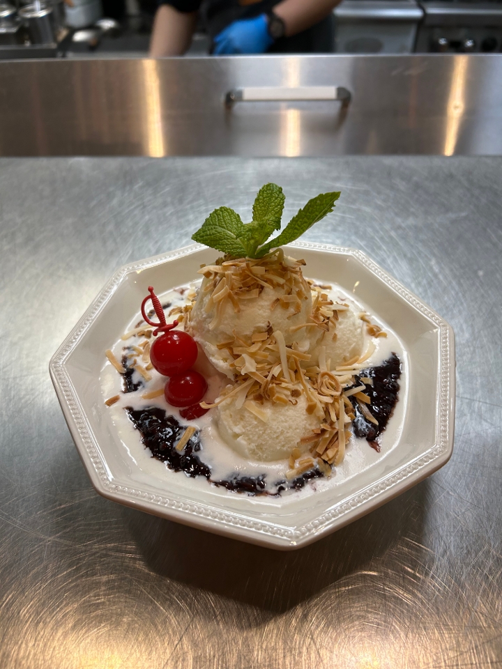 Black Sticky Rice Pudding with Coconut Ice Cream.