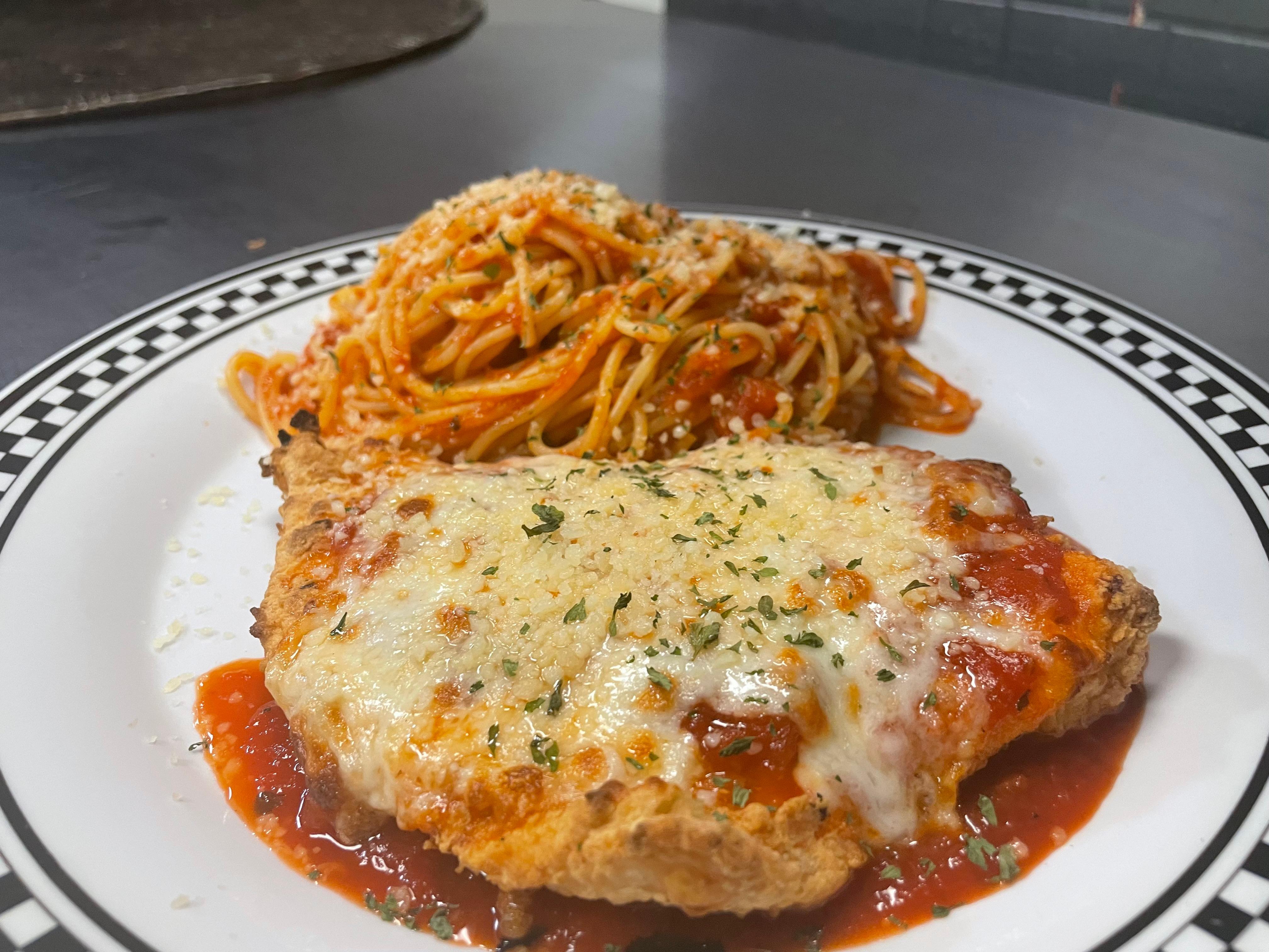 Chicken Parmigiana with Spaghetti.