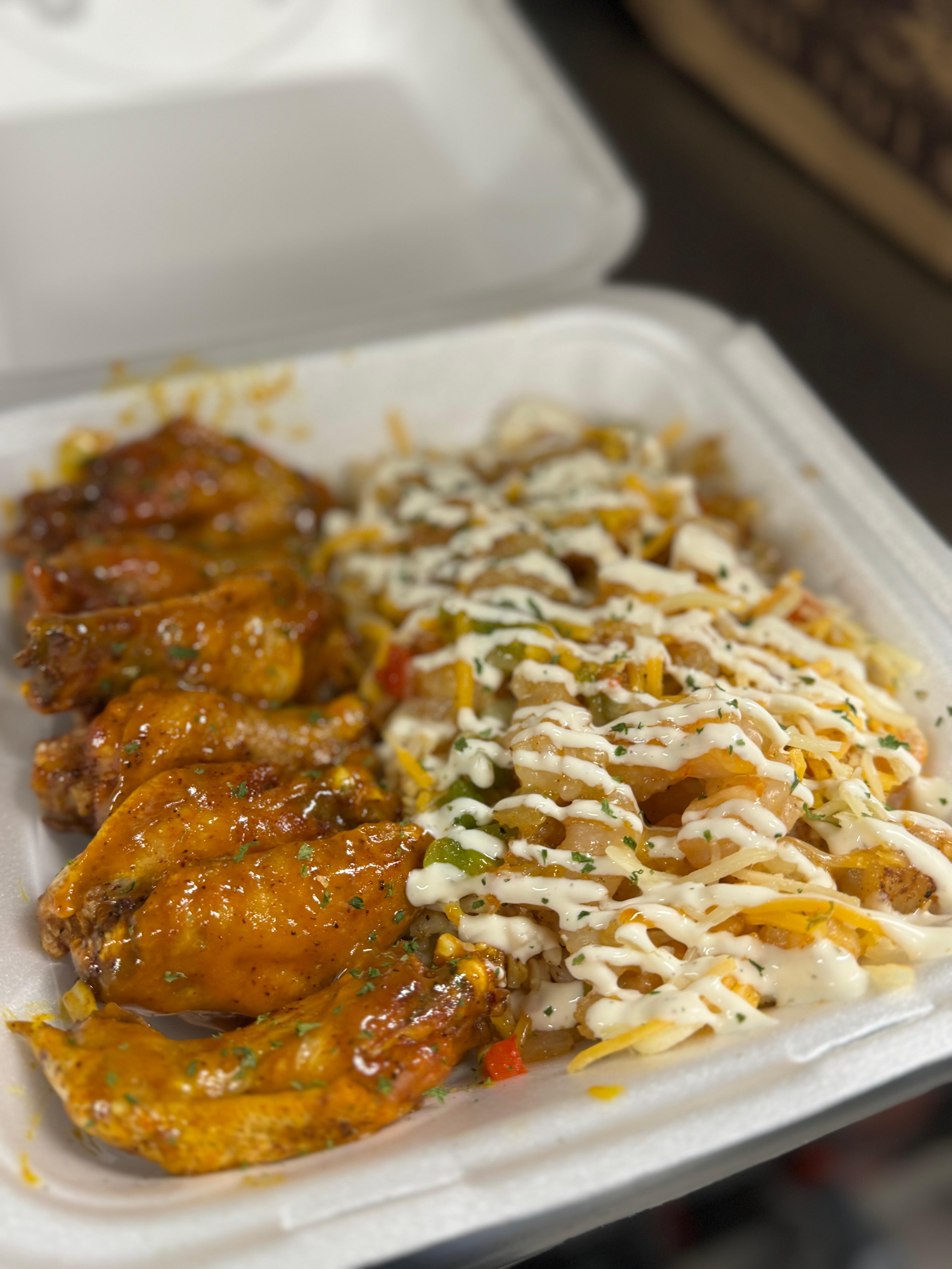 Shrimp Rice & 6 Wings.