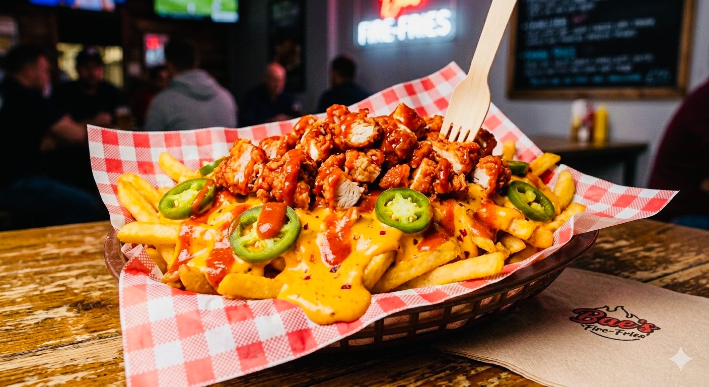 Bae's Fire Fries (Chopped tender, Spicy Mayo, Cheese Sauce, Jalapeños & Inferno Sauce).