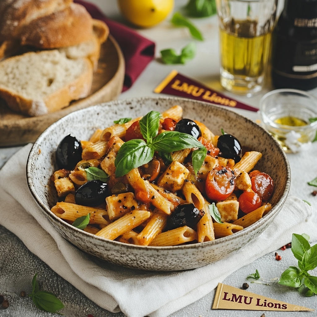 Palm Walk Veggie (Pasta, Tofu, Tomato Sauce, Fresh Basil, Black Olives, Cherry Tomatoes).