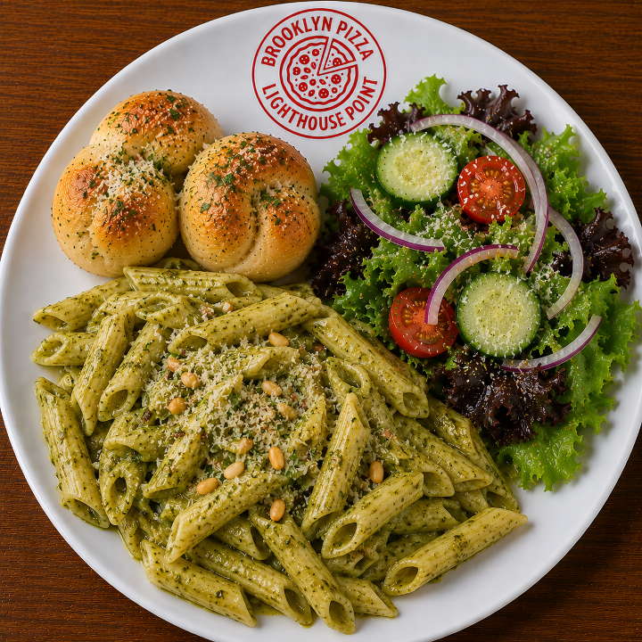 Lunch Pesto Pasta (2 Garlic Knots + Side Salad).