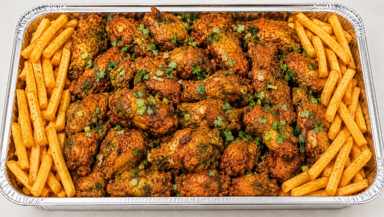25 Saucy curry wings + Large fries.