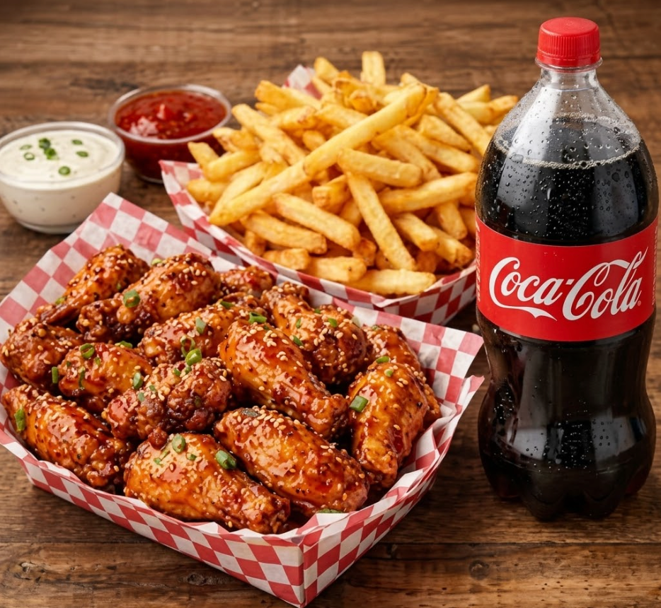 10 PC Halal Chicken Wings, regular fries and soda..
