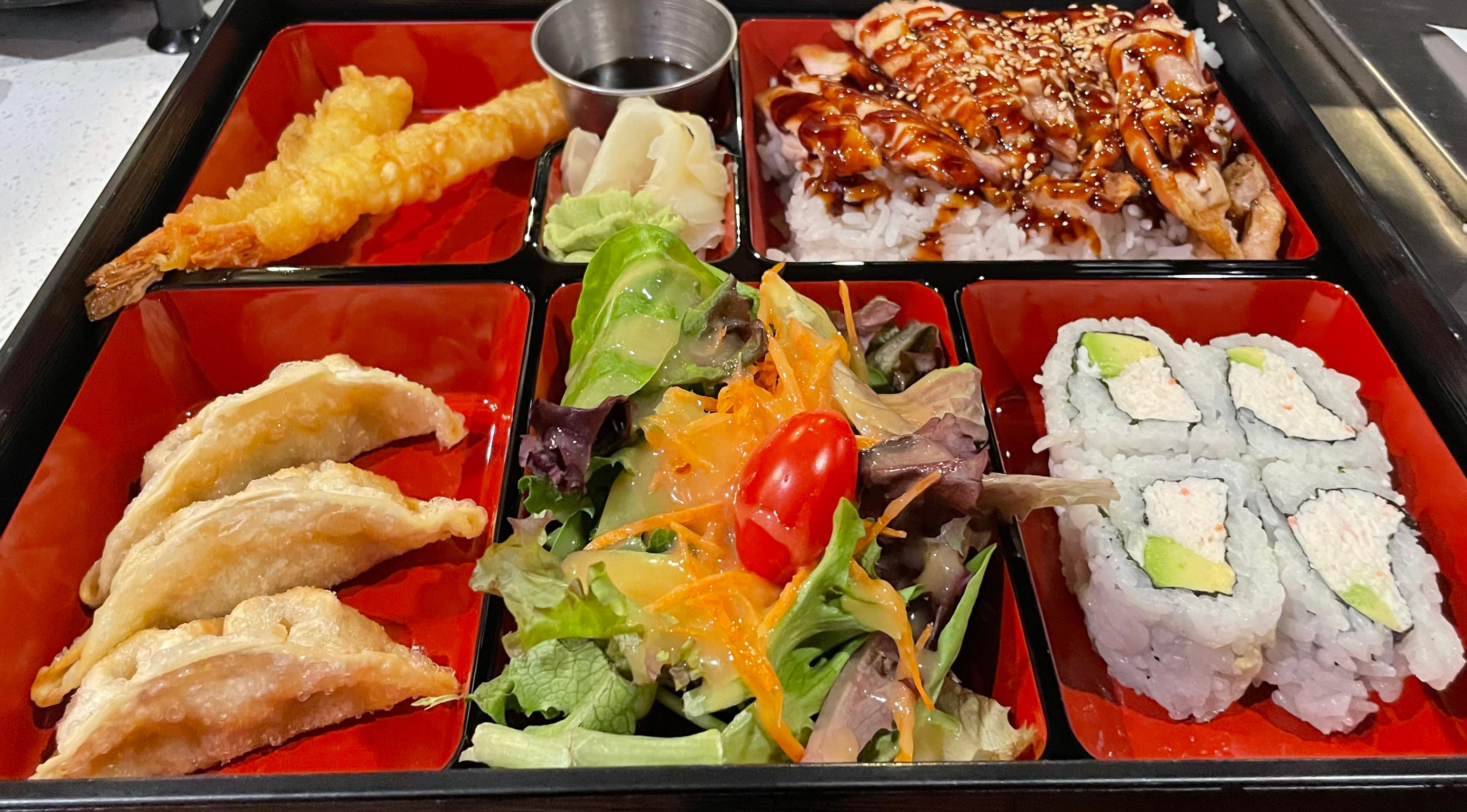 TERIYAKI BENTO, CHICKEN, GYOZA 3, SHRIMP 2, H-SALAD, CALI 4 PC.
