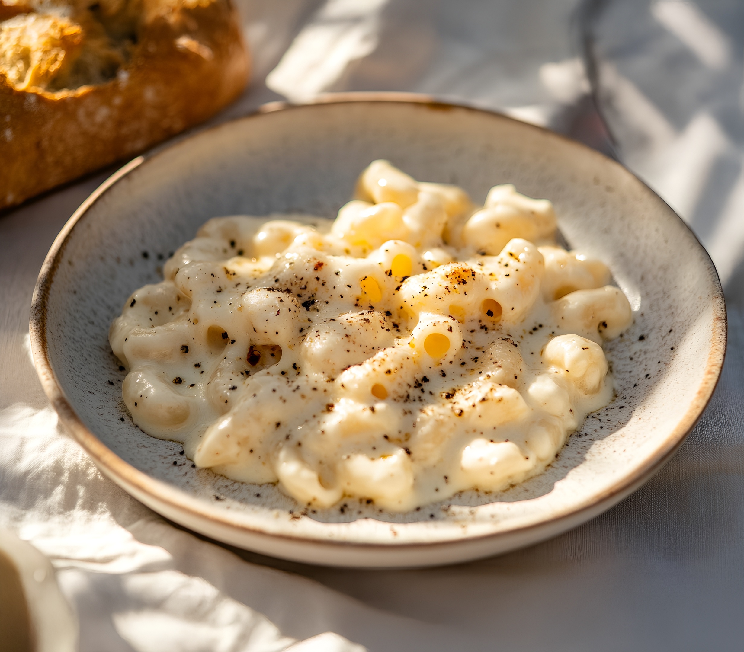 Garlic and Parmesan Mac and Cheese (Elbow macaroni, Cheesy Alfredo sauce, Garlic, and parmesan).