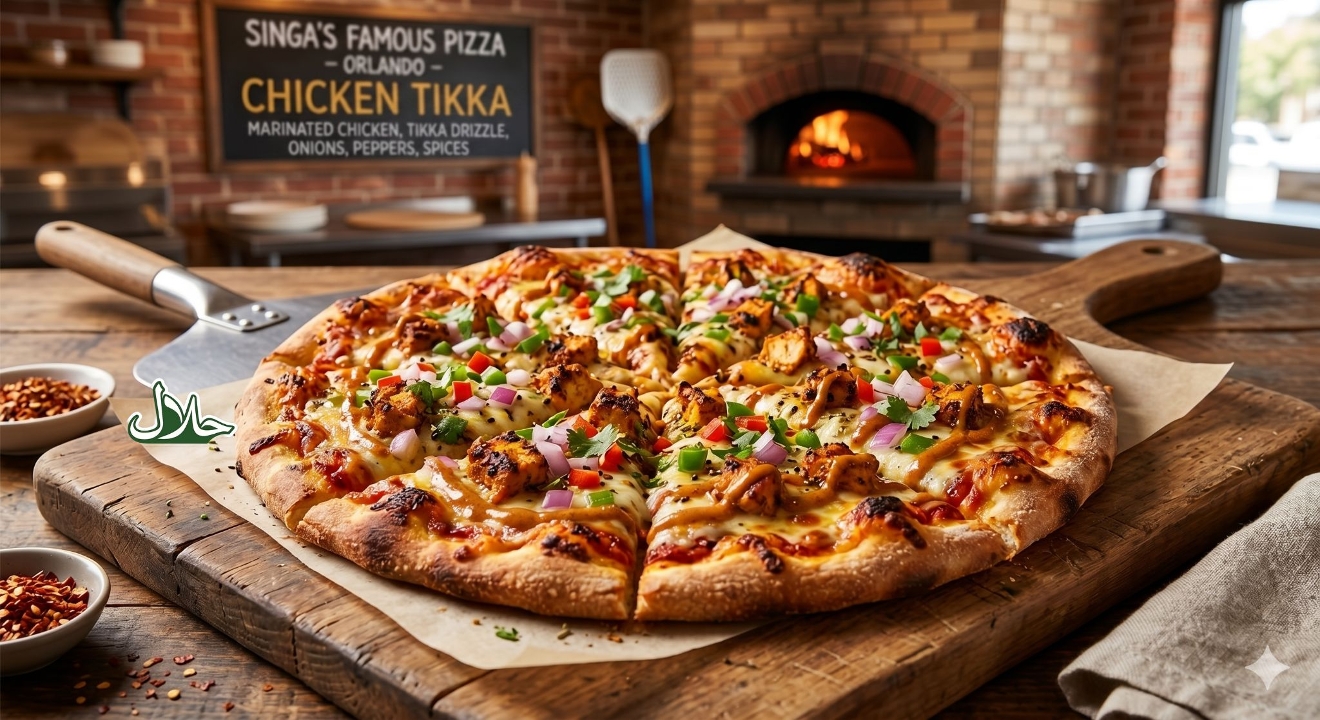 Signature Halal Chicken Tikka Pizza.