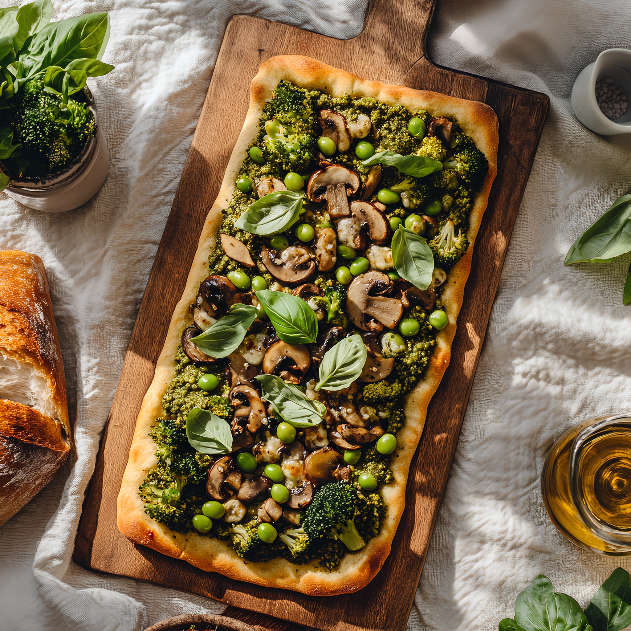 Vegan Flatbread (Pesto Sauce, Garlic, Edamame, Mushrooms, Broccoli, Basil).