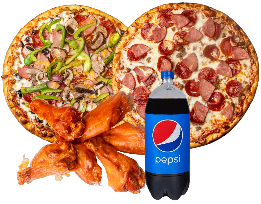 2 Large Specialty Pizzas, 8 Wings & 2 Liter Soda.