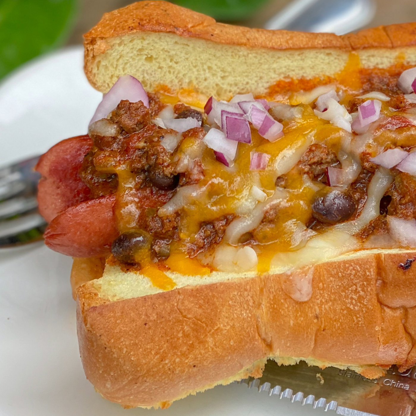 Fork and Knife Chili Dog.