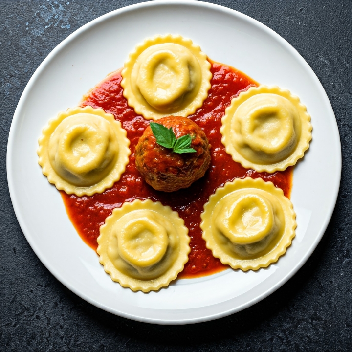 Cheese Ravioli w/ Meatball.