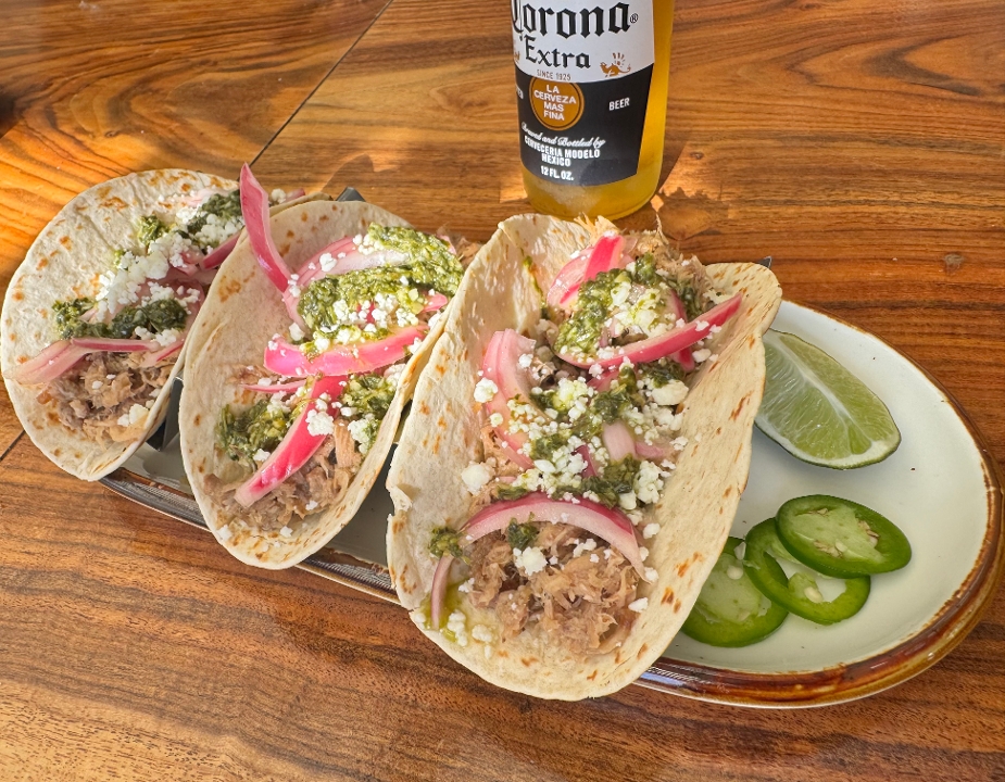 Three Mojo Pork Tacos.