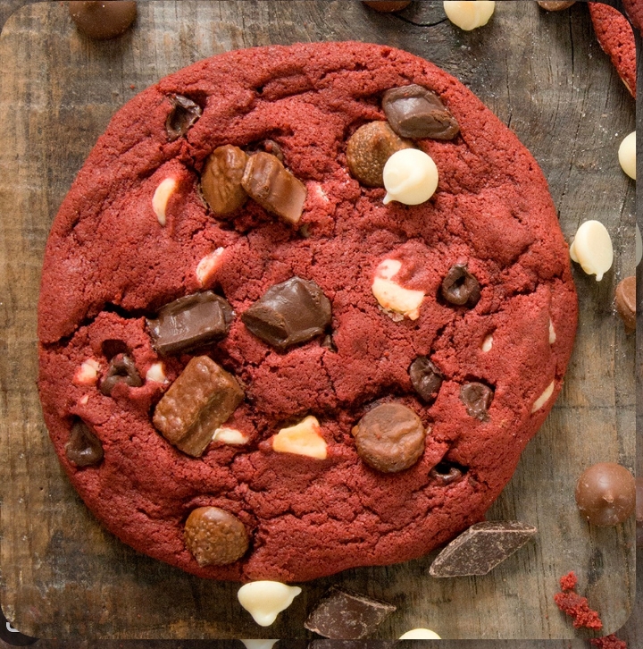Jumbo Red Velvet Chocolate Chip Cookie.