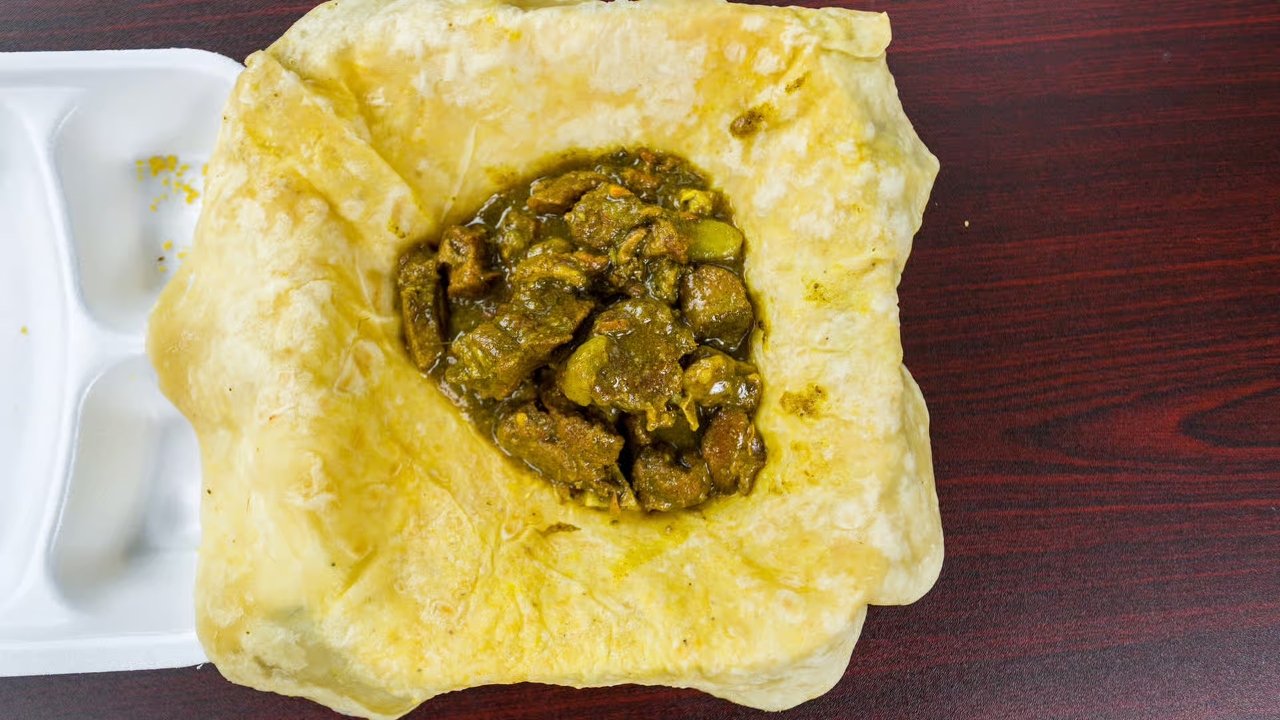 Curried goat roti.