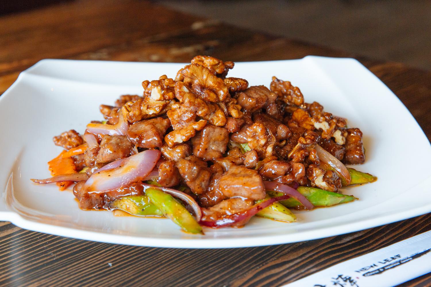 Walnut Beef with asparagus in orange sauce.