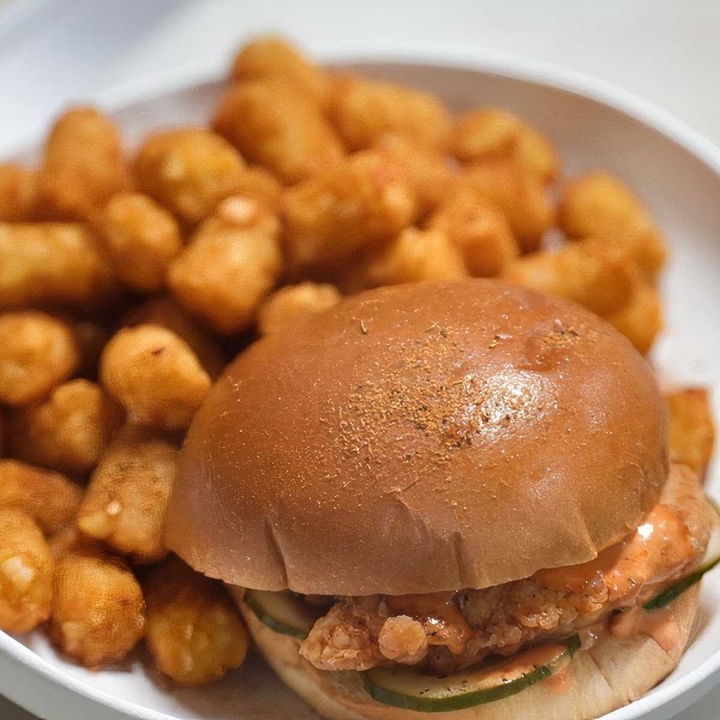 #1 HOT CHICKEN SANDWICH WITH TATER TOTS.