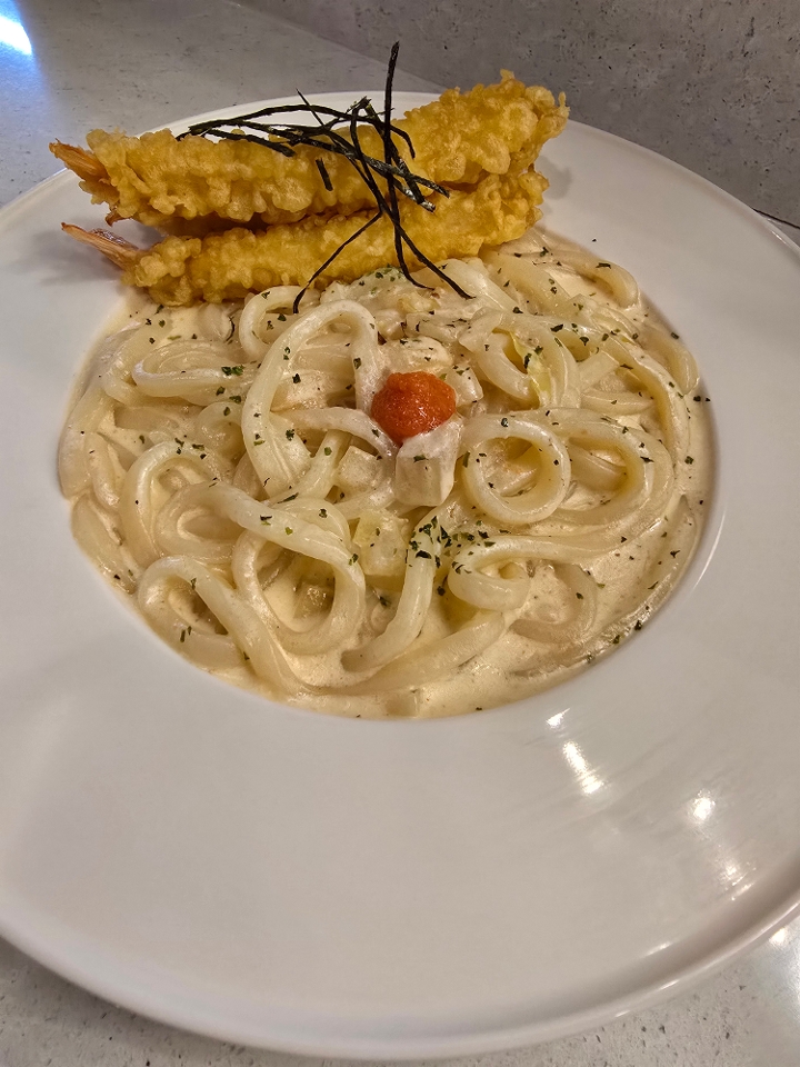 Mentaiko Udon Shrimp Tempura.