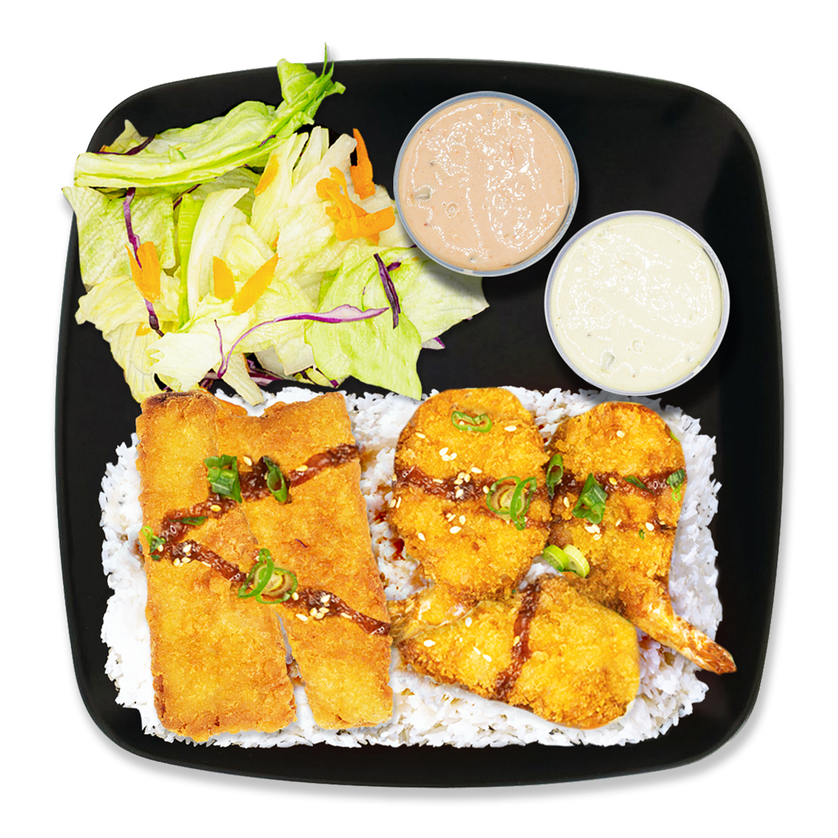 Seafood Combo (Fried Shrimp/Fish) Teriyaki Plate.