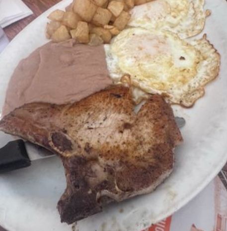 Two Pork Chop & Eggs Plate.