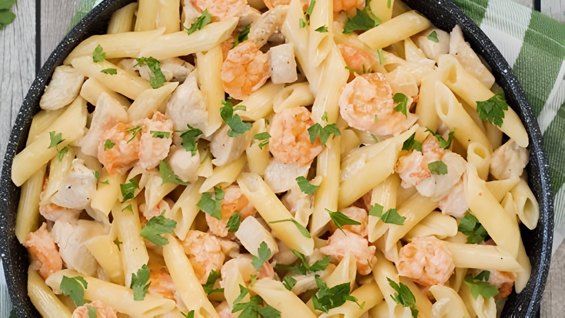 Chicken & Shrimp Cajun Alfredo Pasta.