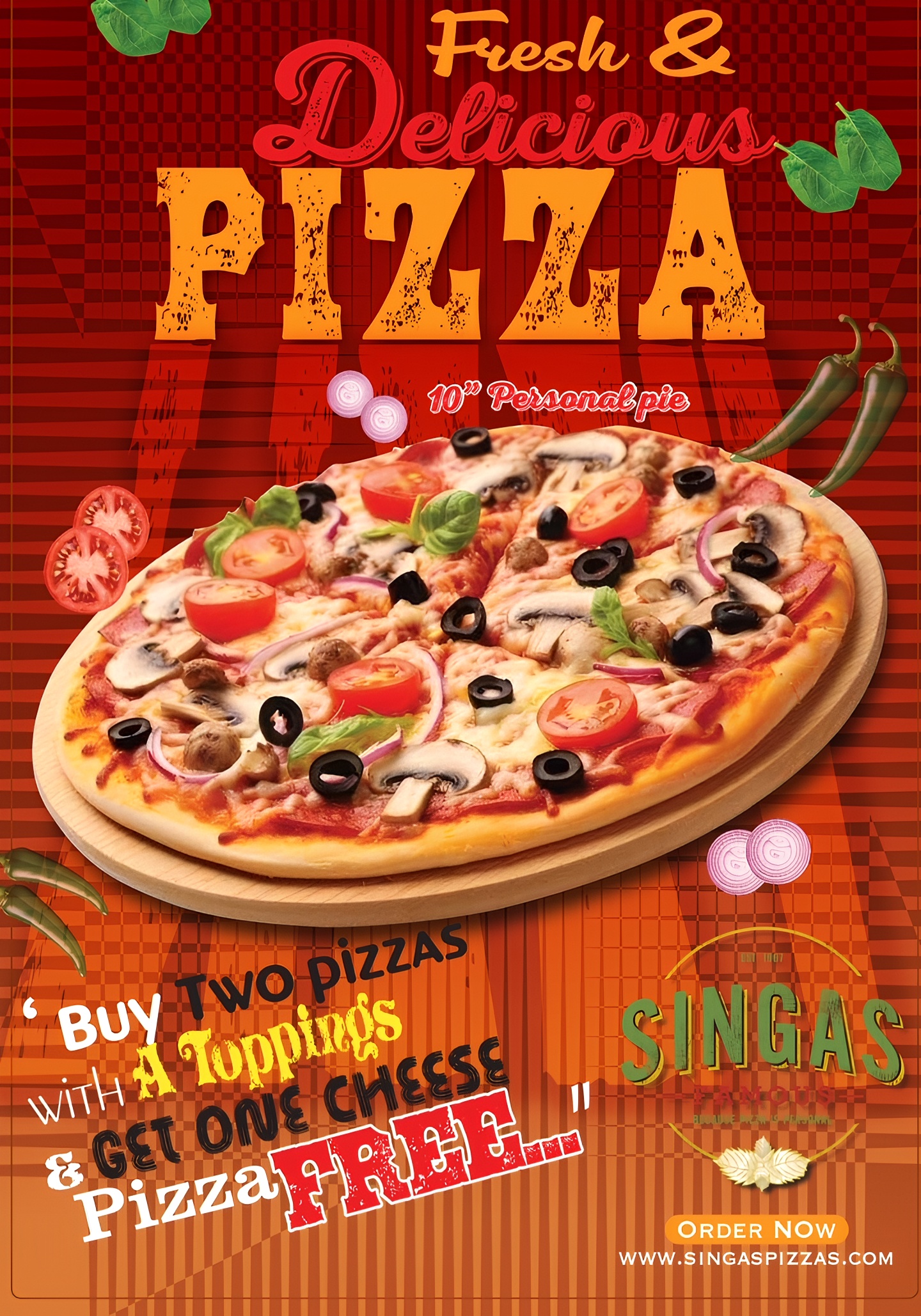 Buy 2 Pizzas W/ Toppings get 1 Cheese Pizza Free.