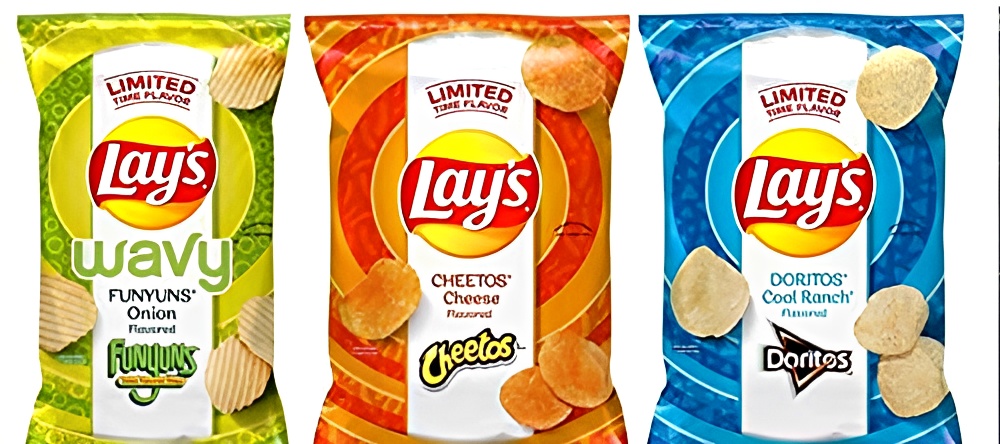 Lay's 3 Flavor Variety Pack Doritos Cool Ranch, Cheetos Cheese Flavored, Funyuns Onion Flavored Potato Chips.