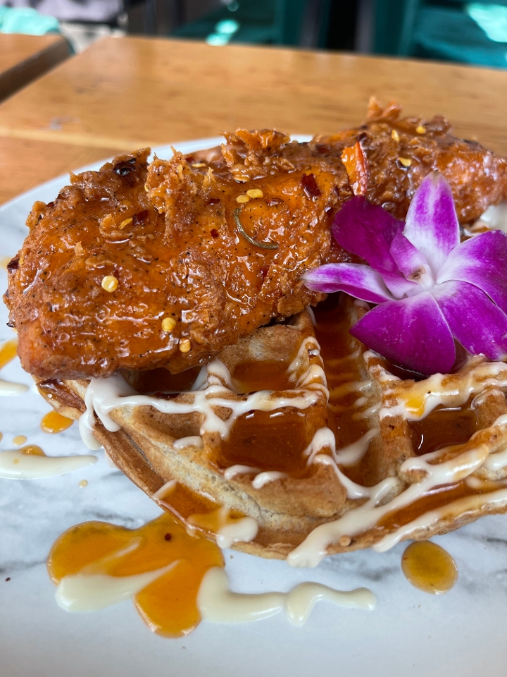 HOT HONEY CRISPY SALMON & WAFFLES.