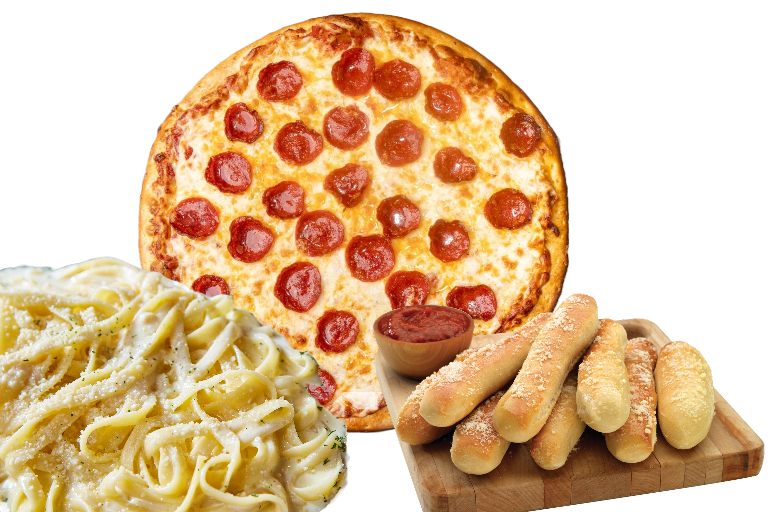 Large One Topping, Pasta, Breadsticks.