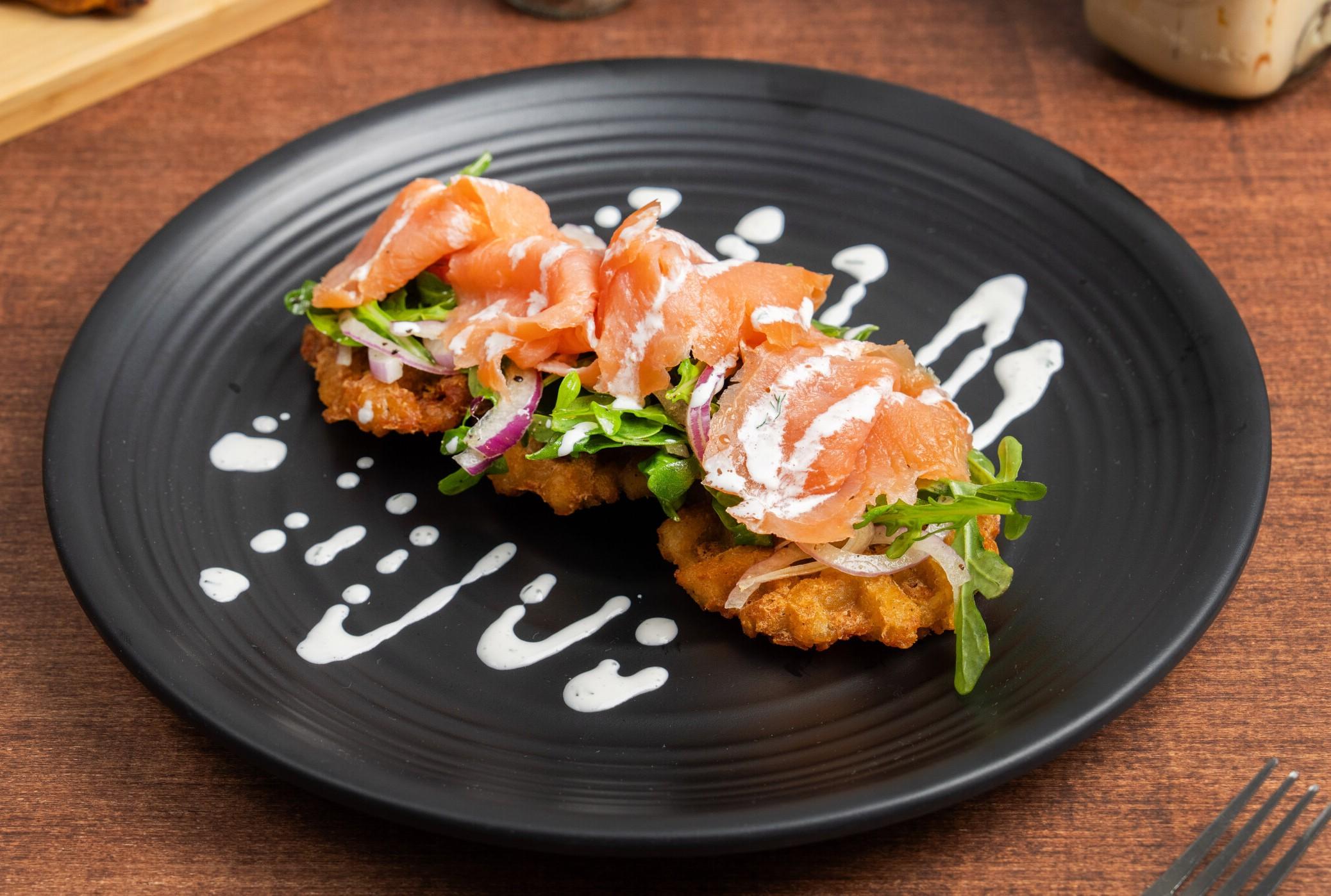 Potato Waffle with Smoked Salmon.