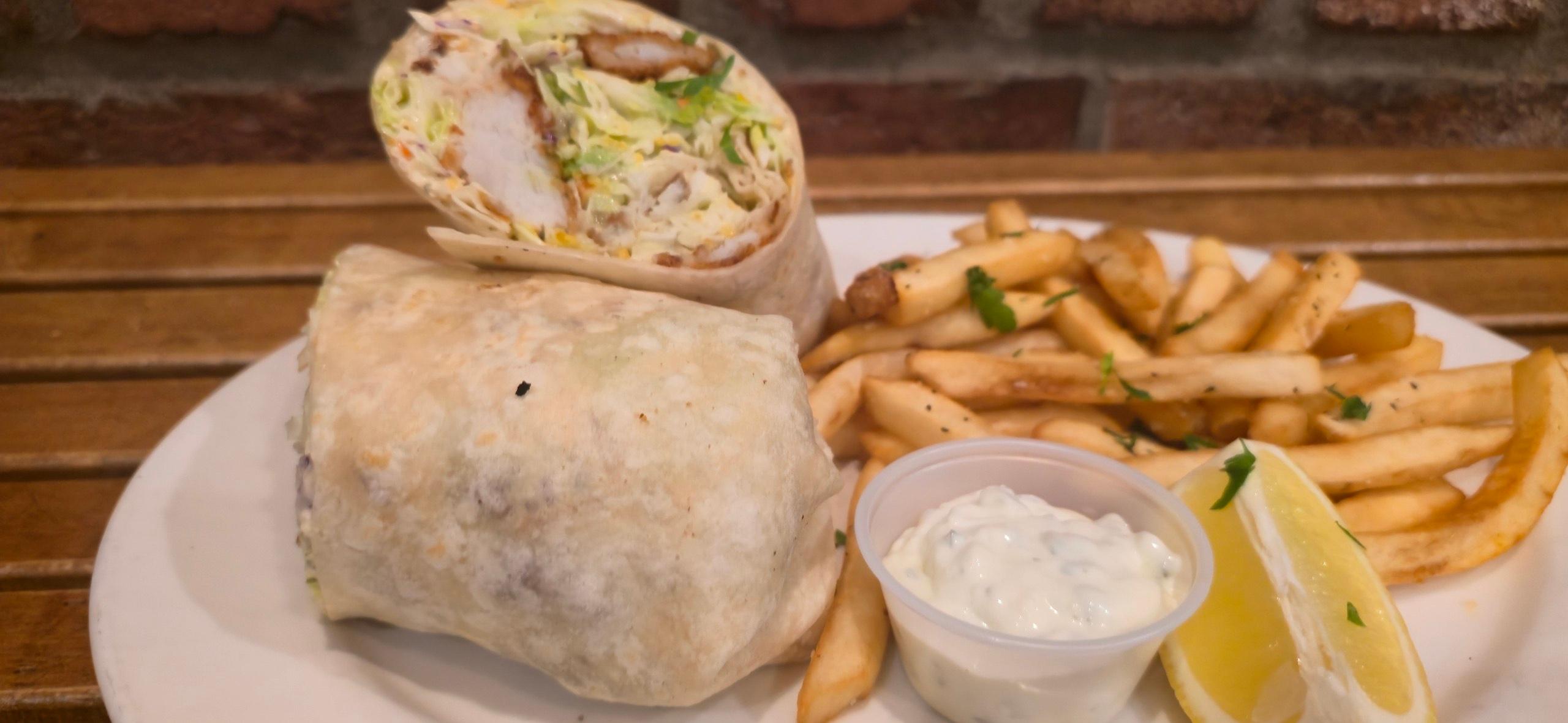 Fish and Chips Avocado Wrap.