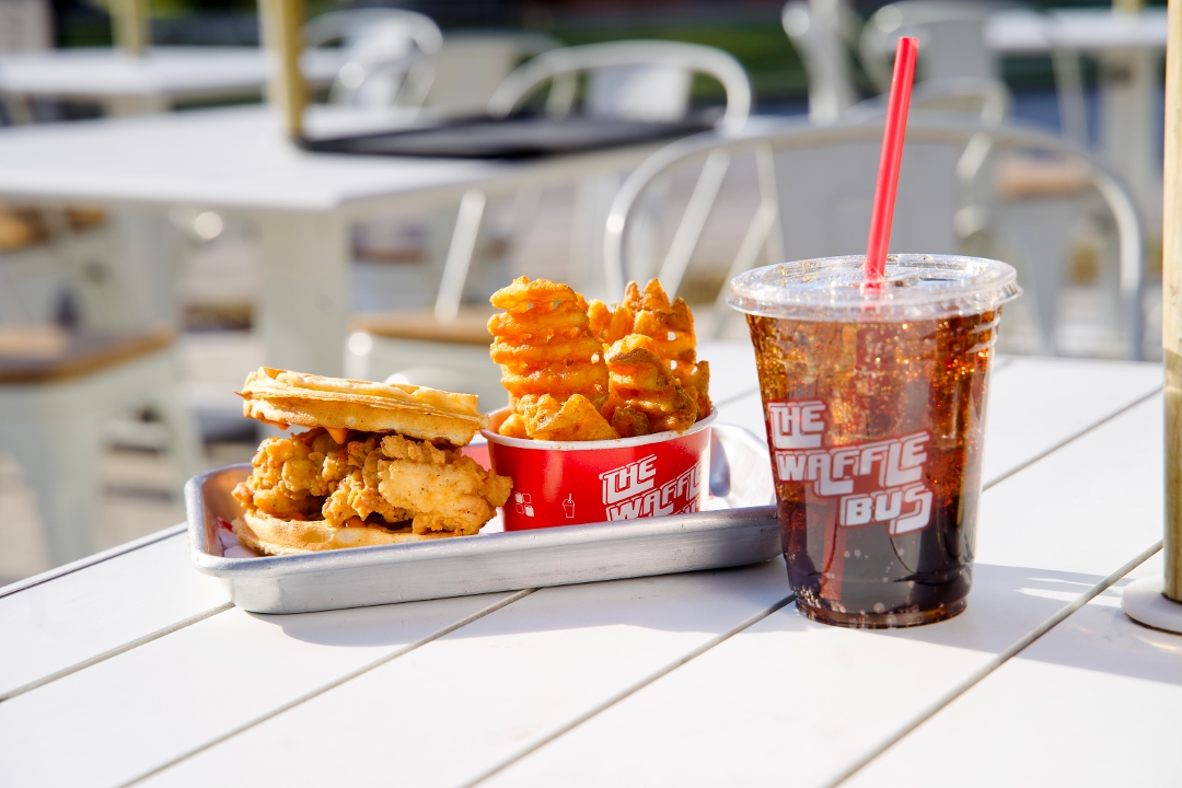 Half Chicken and Waffle, Fries, Drink.