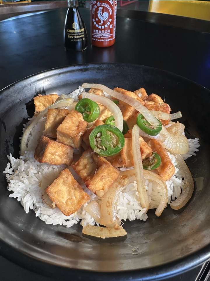 GINGER TOFU OVER RICE.