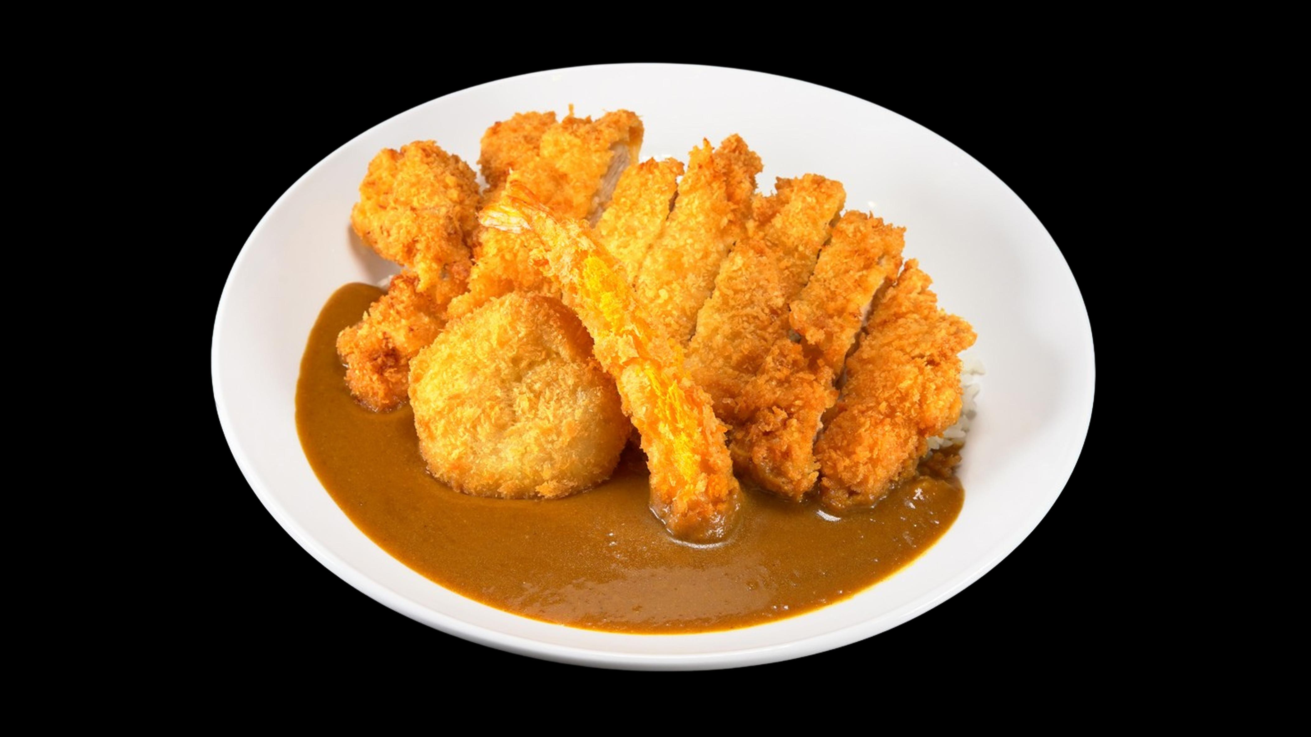 Chicken Katsu, Shrimp Katsu, Potato Croquette Curry.