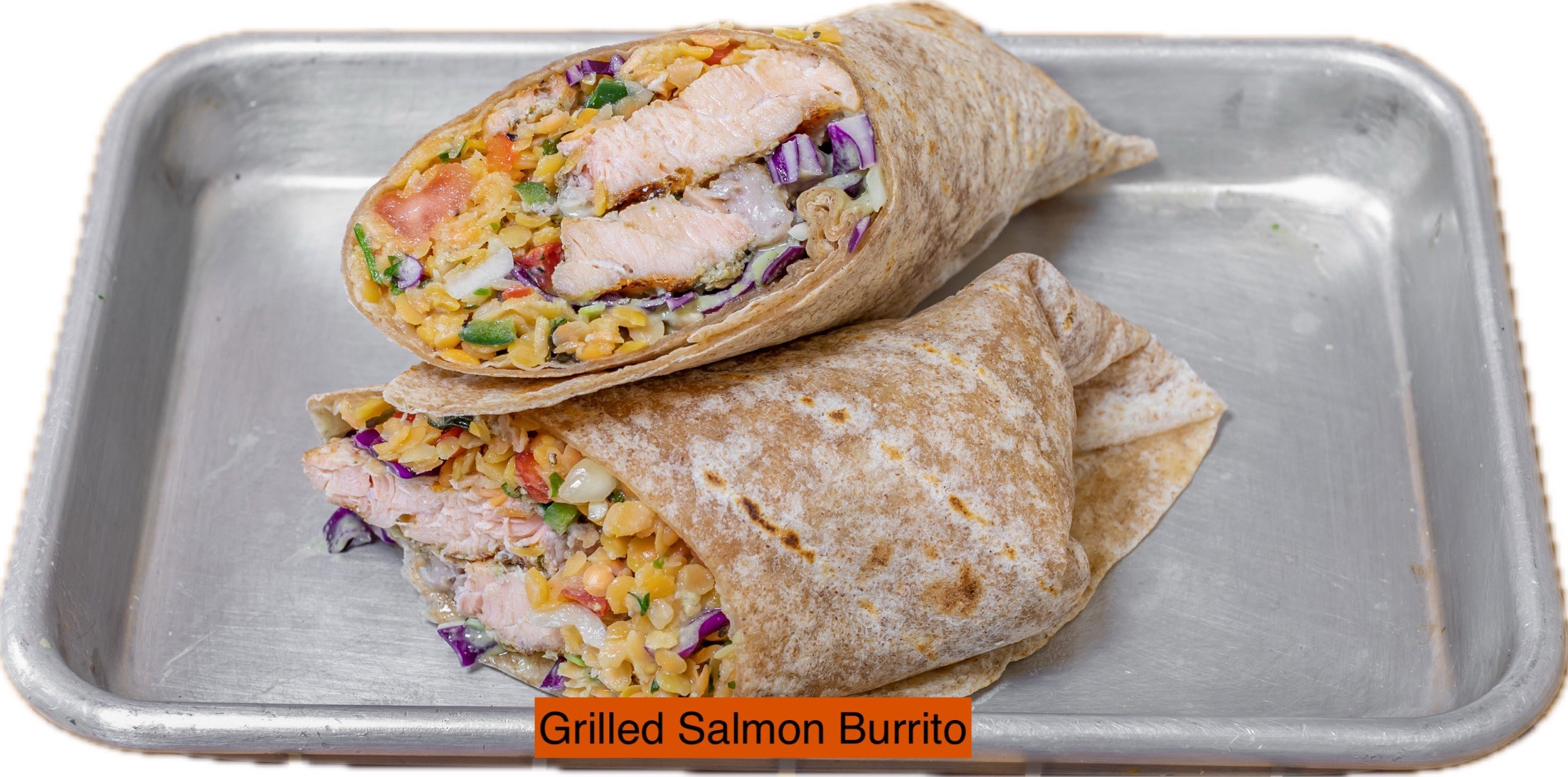Salmon Asado Burrito Mexican Brown Rice, Black Beans, Avocado Hummus, Pico de Gallo.