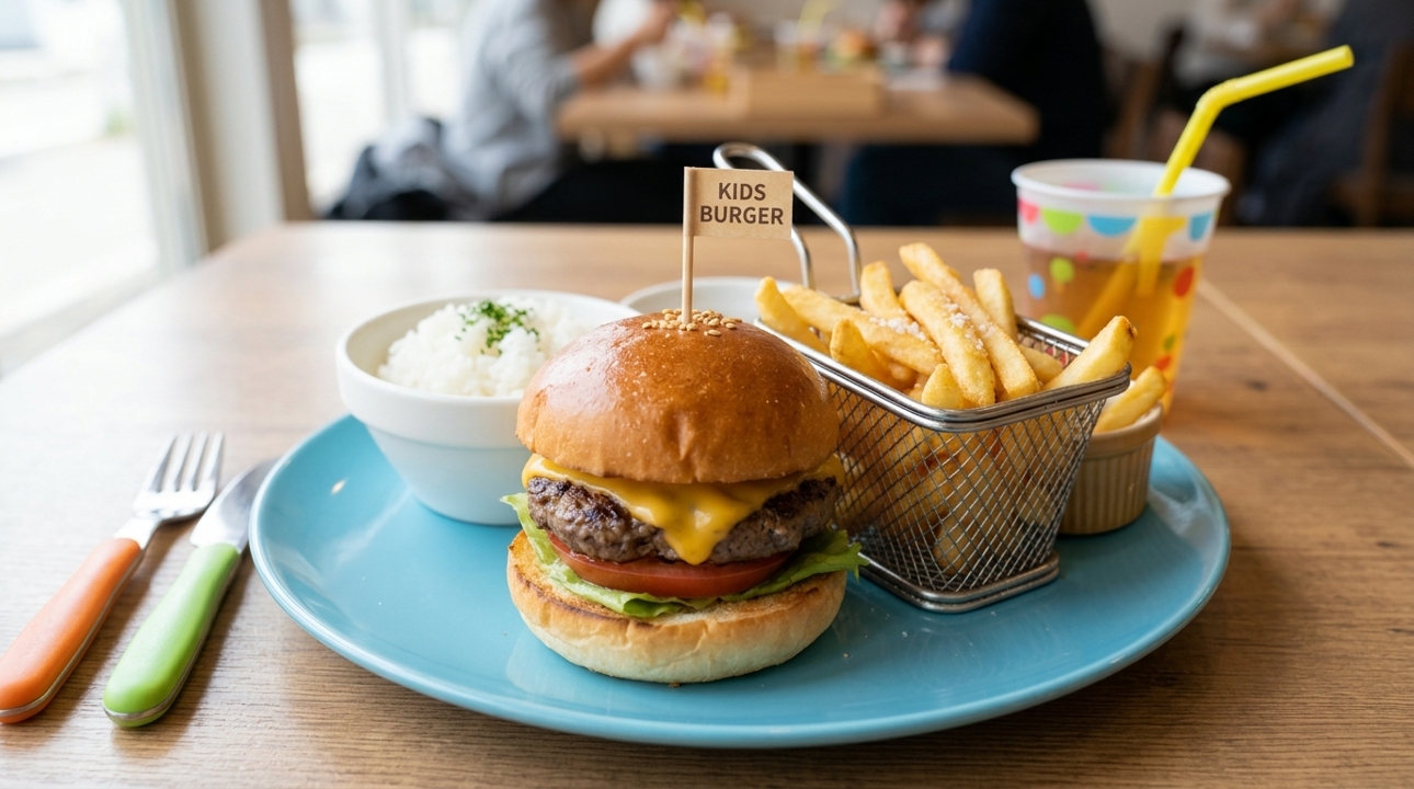 KIDS HAMBURGER WITH KIDS FRIES/RICE.