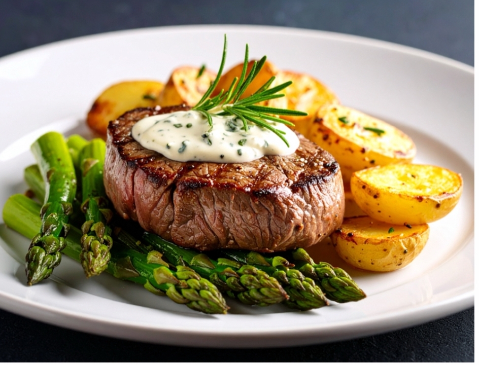 Grass-Fed Filet Mignon, Gorgonzola sauce, Roasted Potatoes, & Asparagus.