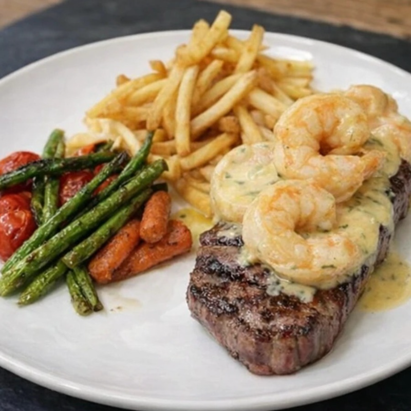 Steak Con Camarones al Ajillo.